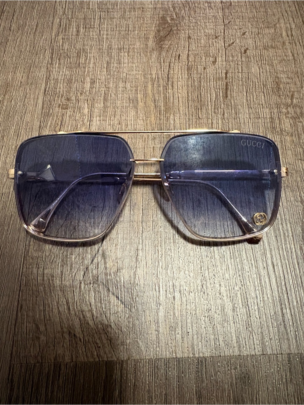 Gucci Square-Frame Metal Sunglasses in gold with violet gradient lenses